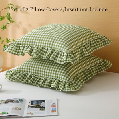 Silnuo Olive Green/White Gingham Plaid Ruffle Throw Pillow Covers 18"x18" - color: Green/White, size: 18" x 18" (Pack of 2)