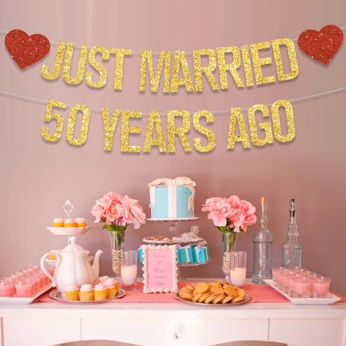 Gold Glitter Just Married 50 Years Ago Banner,NO DIY,Pre-Strung 50th Wedding Anniversary Party Decorations 50 Years Blessed & Loved Garland Sign We Still Do 50th Party Supplies - color: 50gold