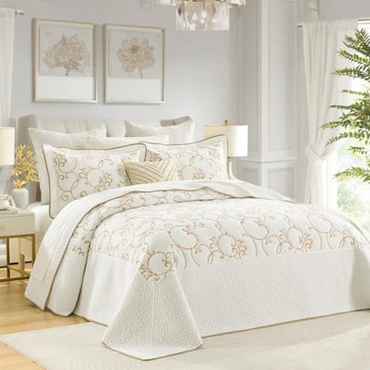 100% Cotton Oversized Bedspread Quilt Coverlet Set, 128"x120" Extra Large Cal King Bedspreads with Pillow Shams, Lightweight Embroidered Bedding Cover 3 Piece, Beige/White - color: Beige/White, size: Extra Wide Super King(128"x120")
