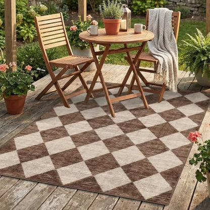 4x6 Covered Outdoor Patio Rug - Brown Beige Checkered Entry Rug - color: Diamond - Brown Beige, size: 4' x 6' (Rectangular)