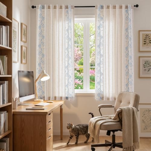 jinchan Floral Linen Curtains, Back Tab 50x63 Inch, 2 Panels Blue - color: Vine | Sky Blue, size: 50"W x 63"L (Pack of 2)