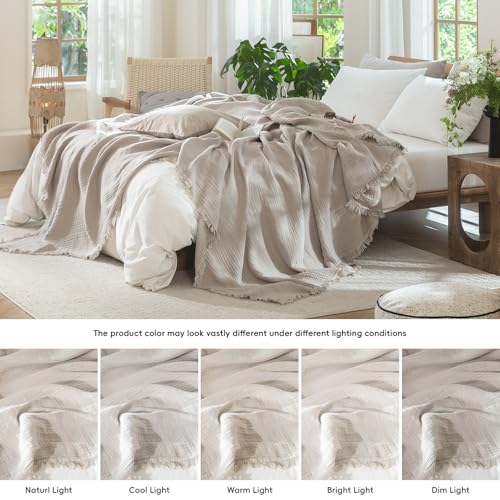 MooMee 100% Cotton Muslin Blanket, Fringed 4-Layer Gauze Bed Throw Blankets - color: Cream Grey, size: Oversize Queen