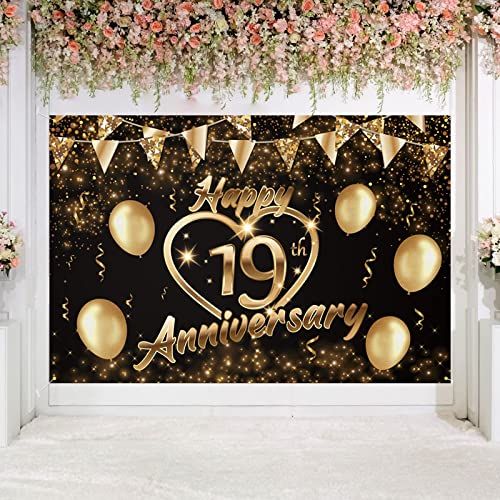 Happy 19th Anniversary Backdrop Party Decorations, Black Gold Glitter Bokeh Dots Valentine's Day Wedding Anniversary Party Photo Background Cake Table Banner Extra Large Wall Decor Props. 6 * 4ft (19) - color: 19