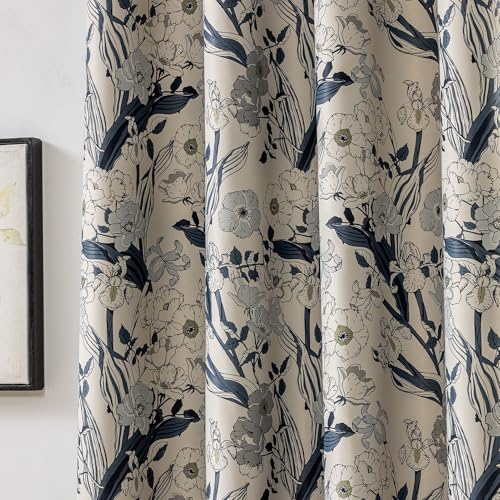 SUOUO Grey Blue Floral Blackout Curtains 84 Inches 2 Panels Grommet-Top - color: Grey-blue, size: 52"W x 84"L (Pack of 2)