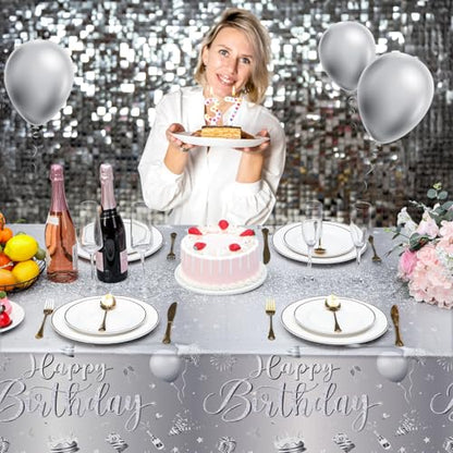 Tudomro 3 Pcs Plastic Happy Birthday Party Tablecloths,Silver - color: Silver