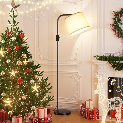 Ambimall Arc Floor Lamp for Living Room with Rotary Switch, Linen Shade - color: A:Black and Linen Beige