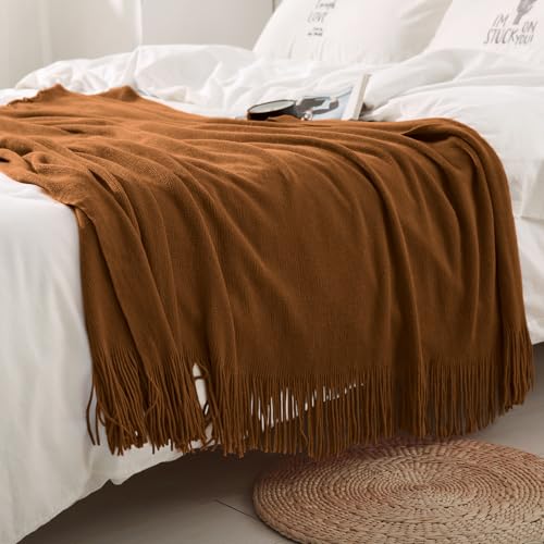 Homiest Camel Brown Knitted Throw Blanket with Fringe, 50x60 Inch - color: Brown, size: 50" x 60"