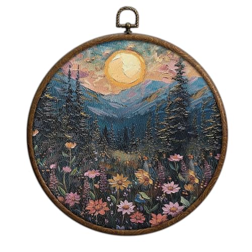 Moonlit Pine Tree Moon Round Wall Art, Full Moon Wall Decor, Woodland Round Artwork for Wall, Wild Flower Circular Wall Decor with Hanging Hook Home Bedroom Living Room Bathroom Kitchen Office, 9 - color: Moonlit Pinepine08