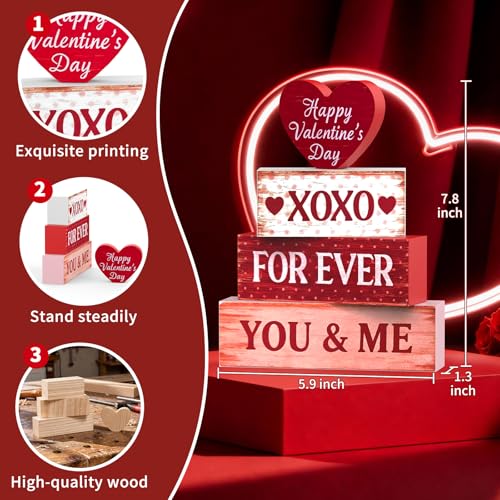 OLANRUN Valentines Day Decorations - 4 Pack Wooden Block Heart Set Signs Valentines Day Table Decor - 7.8 Inch Valentine's Decorations for Home Office Bedroom Tiered Tray Fireplace Mantel - style: Valentines - Love Heart
