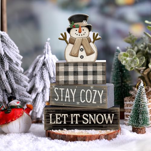 Yuntau 4 Pcs Winter Table Decorations Wooden Snowman Tiered Tray Decor - style: Let It Snow