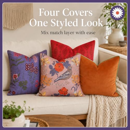 Embroidered Bold Patterned Throw Pillow Covers, 4 Pack Set, 18x18 Inch Floral Printed Modern Accent Pillow Covers - color: Floral