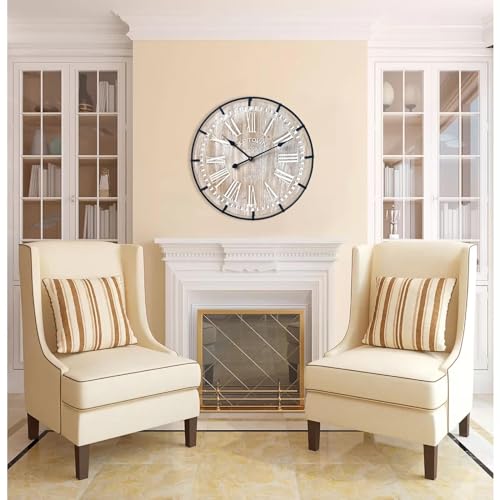 EMAX HOME 24 Inch Large Farmhouse Wall Clock, Rustic Antique Wood with Metal Circle and Large Engraved Numerals, Silent Battery Operated Wall Clock for Office Kitchen Bedroom Living Room - color: Brown, size: 24 Inch Roman numerals
