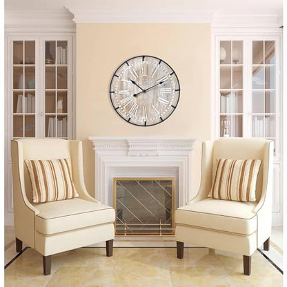 EMAX HOME 24 Inch Large Farmhouse Wall Clock, Rustic Antique Wood with Metal Circle and Large Engraved Numerals, Silent Battery Operated Wall Clock for Office Kitchen Bedroom Living Room - color: Brown, size: 24 Inch Roman numerals