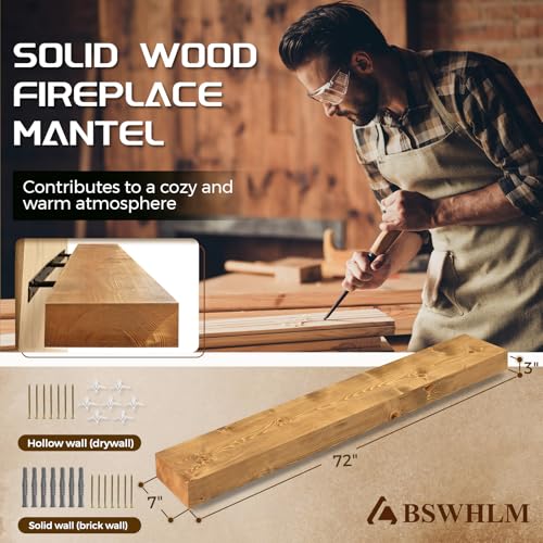 72x7x3in Solid Pine Wood Fireplace Mantel, Natural Wood - color: Natural Wood, size: 72x3x7-solid