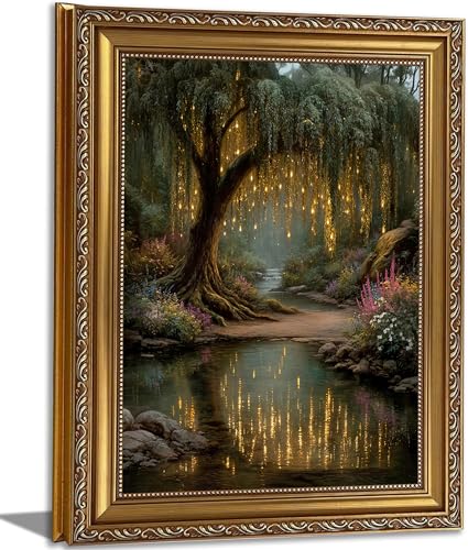 Vintage Gold Framed Forest Wall Art - Enchanted Fairy Tree Painting, Whimsical Dark Cottagecore Canvas Wall Decor for Bedroom, Living Room, Magical Golden Willow Nature Artwork 12x16in - color: forest, size: 16"L x 12"W