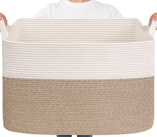 Goodpick 105L Extra Large Woven Rope Blanket Basket, White & Light Brown - color: White & Light Brown, size: XX-Large(25"L x 16"W x 16"H)