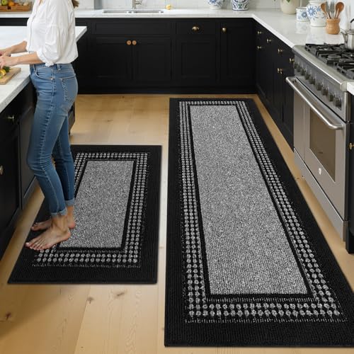 hicorfe Kitchen Runner Rugs,Set of 2 Non Slip Kitchen Mats for Floor - color: Black, size: 21"x59"+20"x32"