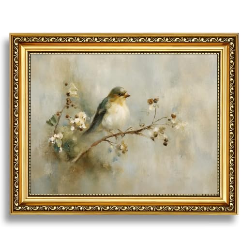 Vintage Framed Bird Wall Art, Antique Gold Framed Botanical Wall Decor Pictures, Rustic Bird Canvas Print, Cottagecore Bird Painting for Living Room Bedroom Bathroom - color: Bird, size: 12*16