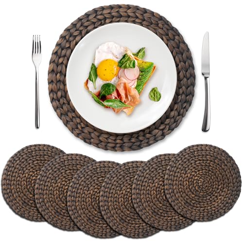 6 Pack, Round Woven Placemats, Natural Water Hyacinth Wicker Place mats, Braided Straw Table Mats for Dining Table, Fall, Halloween, Thanksgiving, Christmas, Black (13.8 inch) - color: Black (Set of 6)