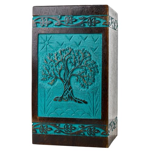 Tree of Life Wooden Urn for Human Ashes, XX-Large 640 Cu in, Teal - color: Teal Green, size: XX-Large (640 cu in)