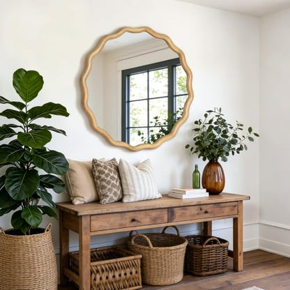 AMOISE Round Wavy Wall Mirror, 30" Circle Boho Scalloped Mirror - size: 30"L x 30"W