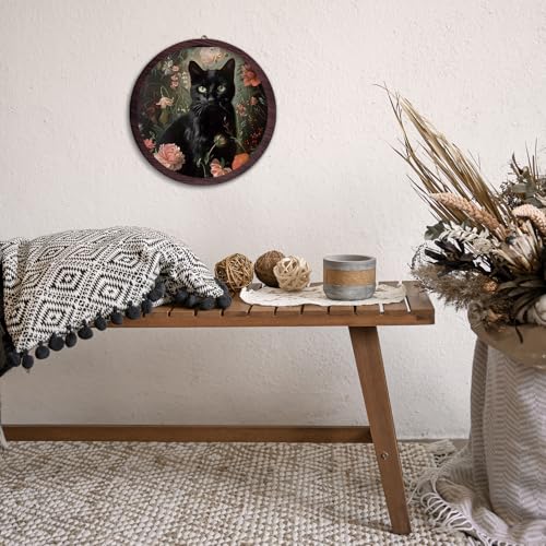 XDFVL Vintage Black Cat Framed Wall Art Decor, Floral Gothic Wooden Wall Art Prints Artwork, Vintage Decoration, Cottagecore Hanging Room Door Decor for Cat Lovers Bedroom Living Room, 10x10 Inch - color: black cat