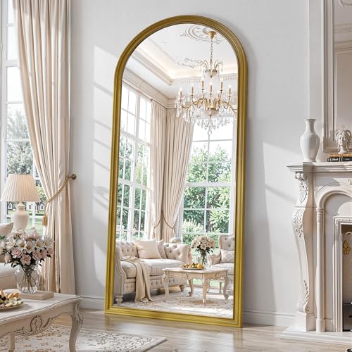 71"x32" Gold Ornate Antique Vintage Arched Full Length Mirror with Stand, Floor Standing Mirrors for Living Room Bedroom Entryway Cloakroom Outfit Check with Shatter-proof Nano Tempered Glass - color: Antique Gold