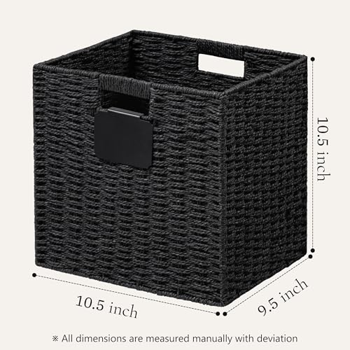 UBBCARE 4 Pack Wicker Basket, 10.5×10.5 Storage Cubes with Label, Foldable Cube Storage Bin with Handle, Square Storage Basket for Shelves, Woven Paper Rope Basket for Organizing, Black - color: Black, size: 4pack-10.5L×10.5H×9.5W