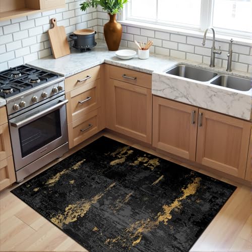 RELEANY Washable 3'x5' Abstract Area Rug for Living Room Black Gold - color: Black/Gold, size: 3' x 5' (Rectangular)