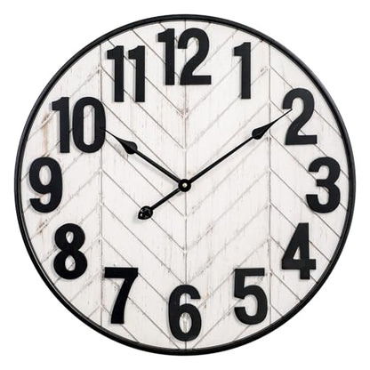 24 Inch Large Wall Clock, Rustic Wooden Farmhouse Wall Clock with Black Metal Frame, Battery Operated Non-Ticking Silent Wall Clocks for Living Room, Kitchen, Bedroom (Whitewashed) - color: Whitewashed, size: 24 Inches