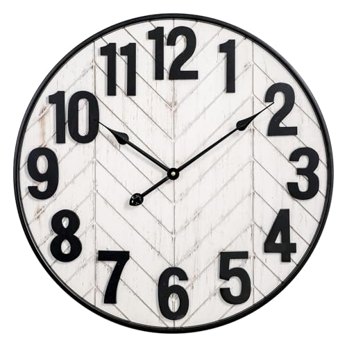 24 Inch Large Wall Clock, Rustic Wooden Farmhouse Wall Clock with Black Metal Frame, Battery Operated Non-Ticking Silent Wall Clocks for Living Room, Kitchen, Bedroom (Whitewashed) - color: Whitewashed, size: 24 Inches