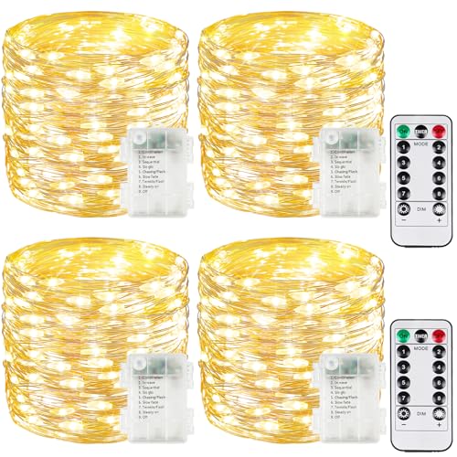 4 Pack 100 LED Fairy Lights Battery Operated with Remote, 33 FT Warm White - color: Warm White, size: 4PK（100LED with Remote）