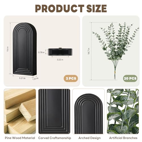 Wooden Wall Vase with 20 Eucalyptus, 2 Mount Options, Black, 2 Pcs - color: Black
