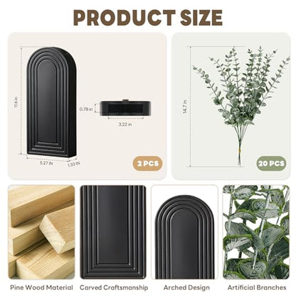 Wooden Wall Vase with 20 Eucalyptus, 2 Mount Options, Black, 2 Pcs - color: Black