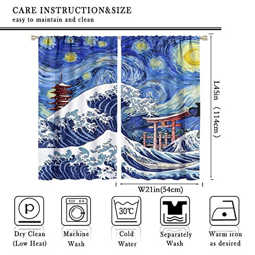 Japanese Asian Art Blackout Curtains - Blue Anime Ocean The Great Waves Fantasy Starry Sky Torii Rod Pocket Window Curtain Set Energy Saving Thermal Insulated Drapes,2 Panels 45L x 21W - color: Japanese Asian Art, size: 21"W x 45"L (Pack of 2)