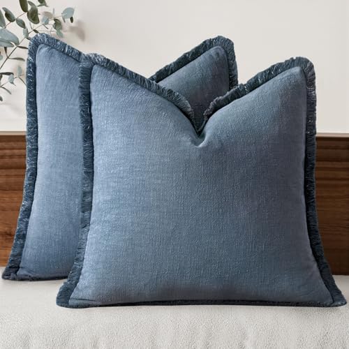 MIULEE Boho Linen Fringe Decorative Throw Pillow Covers Blue Ashes 18x18 - color: Blue Ashes, size: 18" x 18" (Pack of 2)