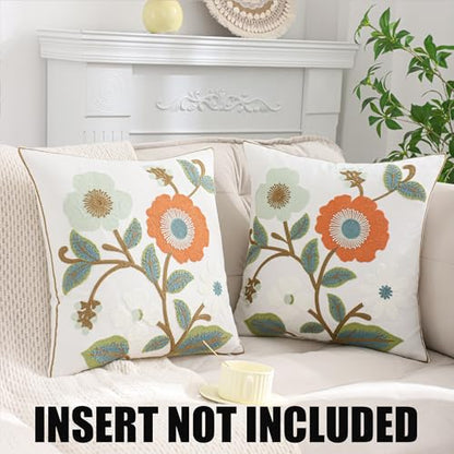 Embroidered Pillow Covers 18x18 inch Pack of 2 Green Orange Flower - color: Orange and Green Flowers