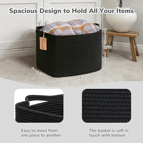 Goodpick 50L Large Woven Rope Storage Basket with Handles, Black - color: Black, size: 18"L x 14"W x 12"H