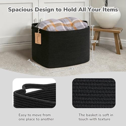 Goodpick 50L Large Woven Rope Storage Basket with Handles, Black - color: Black, size: 18"L x 14"W x 12"H