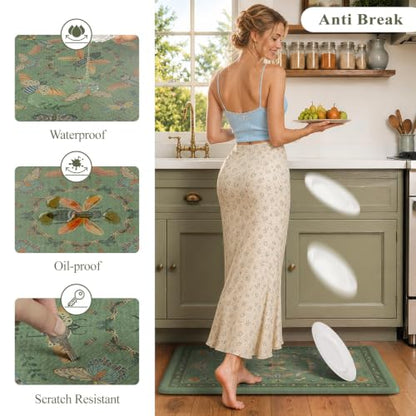 KIMODE Kitchen Mats for Floor Cushioned Anti Fatigue Kitchen Rugs Sets of 2 - color: Sage Green Botanical