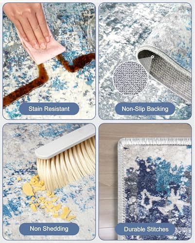 Washable Area Rug Living Room Rugs 10x14 - Neutral Modern Abstract Rugs Soft Carpet with Non Slip Backing for Under Dining Room Table, Bedroom, Home, Office,Light Blue - color: Light Blue/Gray, size: 10' x 14' (Rectangular)