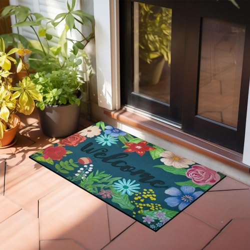 CHICHIC Welcome Door Mat 17x 30 Inch Front Door Mat Outdoors for Home Entrance Outdoors Mat for Outside Entry Way Doormat Entry Rugs, Heavy Duty Non Slip Rubber Back Low Profile, Colorful Flower - color: Colorful Flower