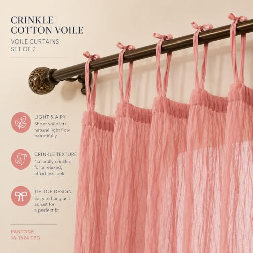 TARAN LIVING Sheer Crinkle Curtain Panel Set of 2, 100% Washable Cotton Window Treatment Rod Pocket Curtain Panels for Kitchen, Bedroom and Living Room (Salmon Pink, Long Door (40"x96")) - color: Salmon Pink
