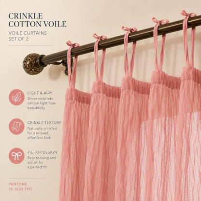 TARAN LIVING Sheer Crinkle Curtain Panel Set of 2, 100% Washable Cotton Window Treatment Rod Pocket Curtain Panels for Kitchen, Bedroom and Living Room (Salmon Pink, Long Door (40"x96")) - color: Salmon Pink