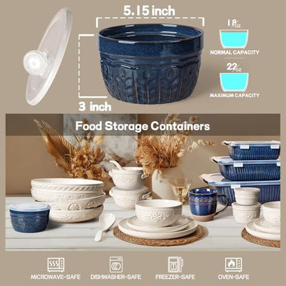 Artena Meal Prep Containers 22 OZ, 4 Pack Snack Containers, Reusable Food Storage Containers With Lids For Soup Yogurt Oatmeal Lunch Breakfast, Ceramic Cereal Bowls (Blue, Wheat Leaf) - size: 5.15 inch (Wheat Leaf, Blue)