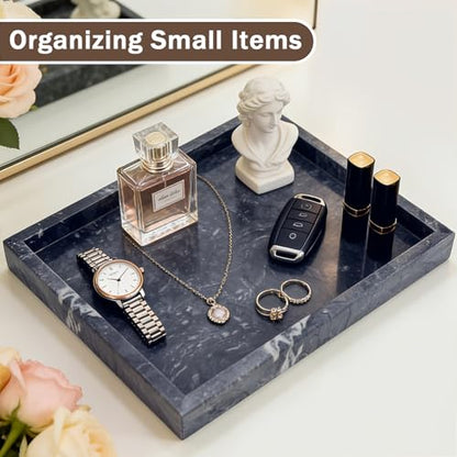 Marble Bathroom Tray for Countertop, Natural Decorative Marble Tray for Kitchen, Vanity, Home Decor, Dresser Organizer, Plate Holder for Perfume, Candle and Jewelry, 12"x 8"x 1.2", Gray Black