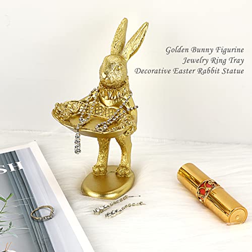 ELLDOO Small Golden Bunny Figurine Jewelry Ring Tray Decorative Serving Rabbit Statue Ornament Animal Sculpture Home Arts Desktop Accessories Table Decor, Standing Bunny - style: Standing Rabbit