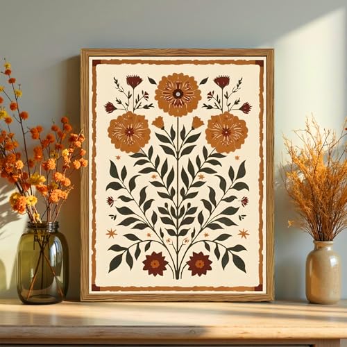 Framed Vintage Mexican Floral Wall Art, Boho Flower Pictures Wall Decor, Folk Marigolds Botanical Paintings Canvas Prints Rustic Home Decor for Living Room Bedroom 12x16 inch - color: Boho Floral, size: 16"L x 12"W
