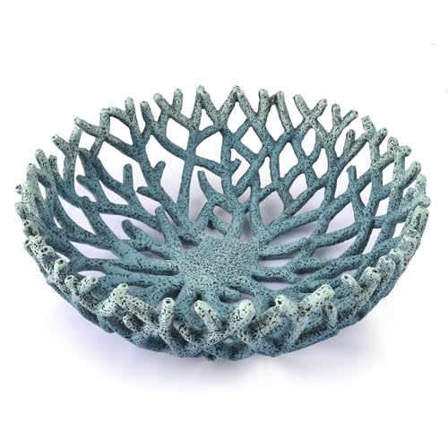 10-Inch Blue Resin Coral Bowl, Handcrafted Hollow Carved Coastal Art Decor - color: Blue