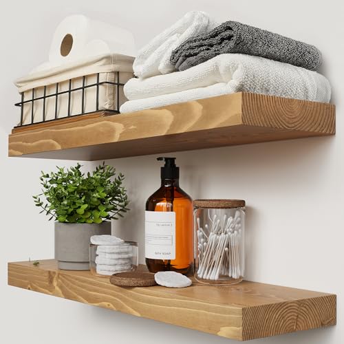 Natural Wood Floating Shelves for Wall 24 inch Oak, Wooden Bathroom Shelf - color: Gold Oak, size: 24 Inch